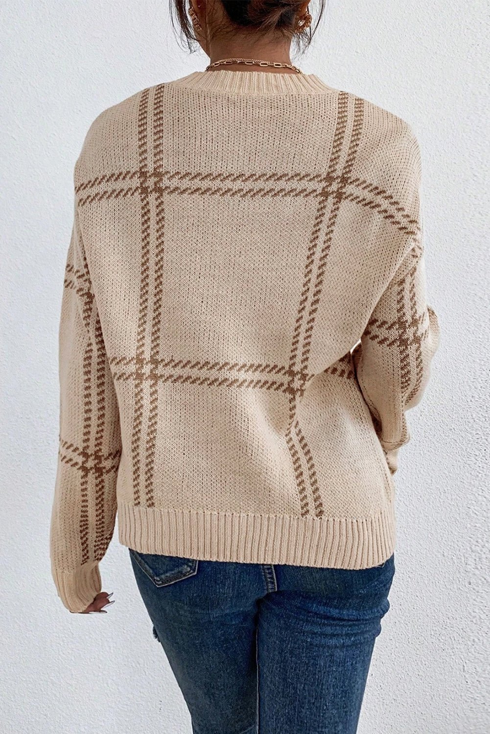 Khaki Plaid Pattern Knitted Drop Shoulder Sweater - TayDiane