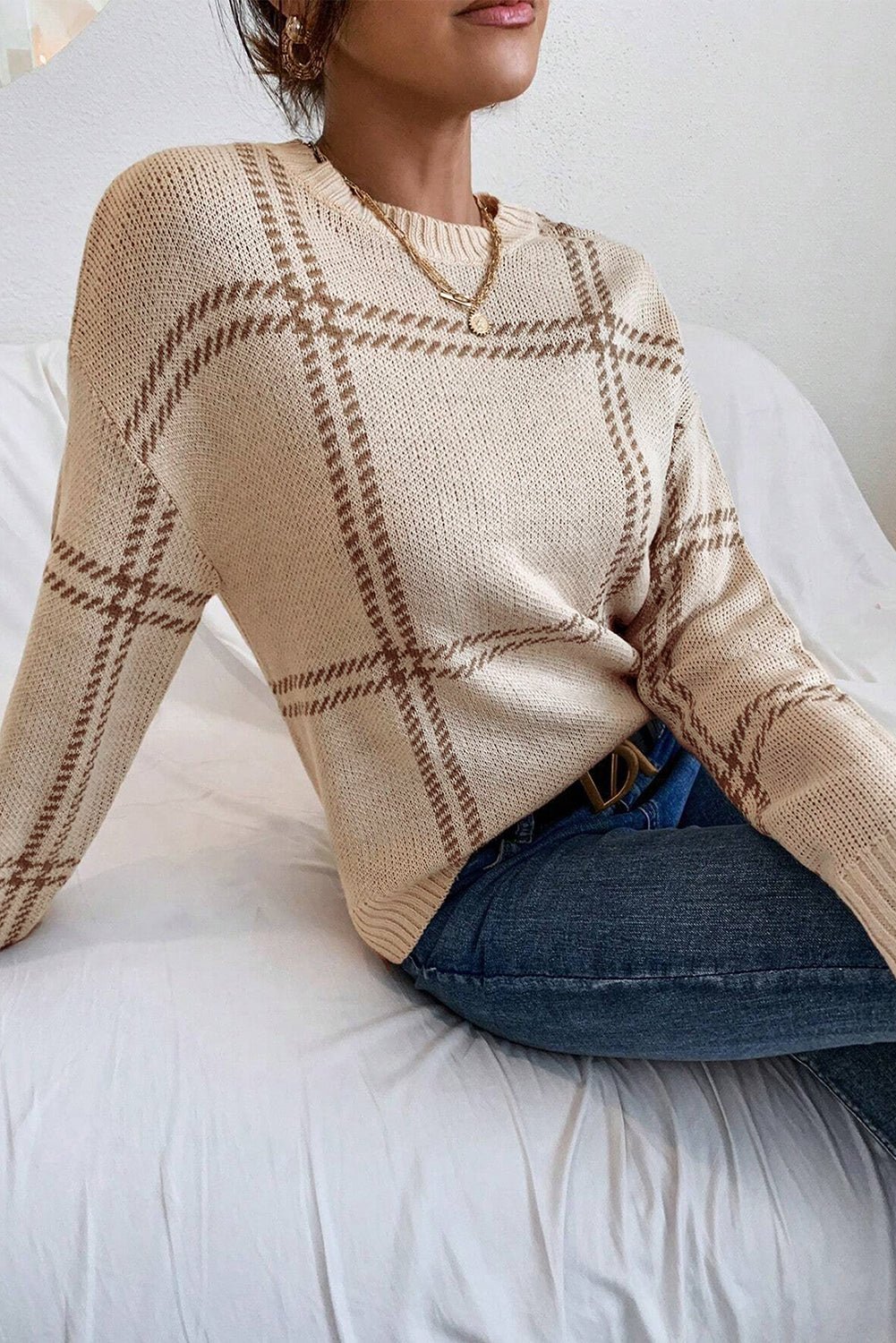 Khaki Plaid Pattern Knitted Drop Shoulder Sweater - TayDiane