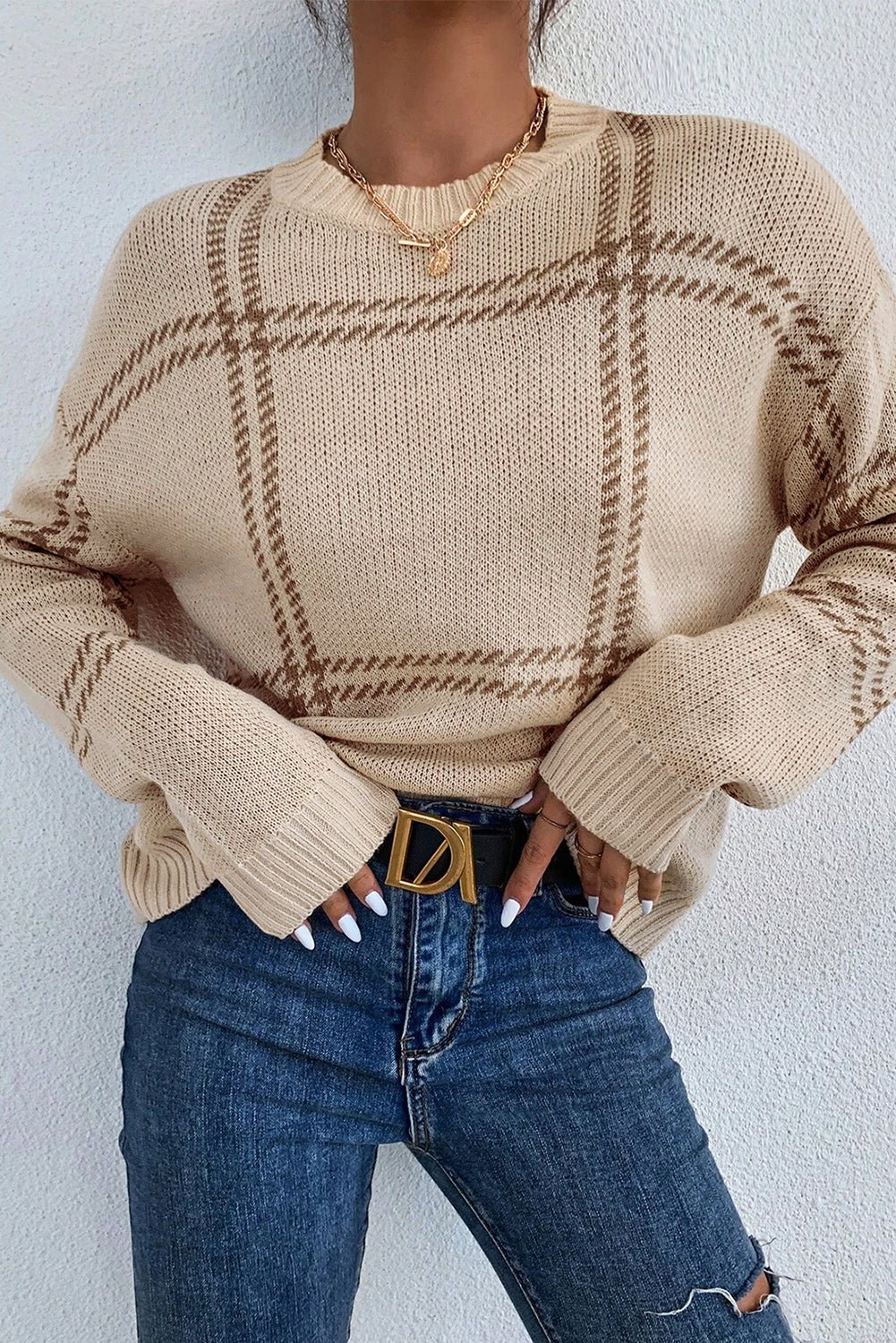 Khaki Plaid Pattern Knitted Drop Shoulder Sweater - TayDiane