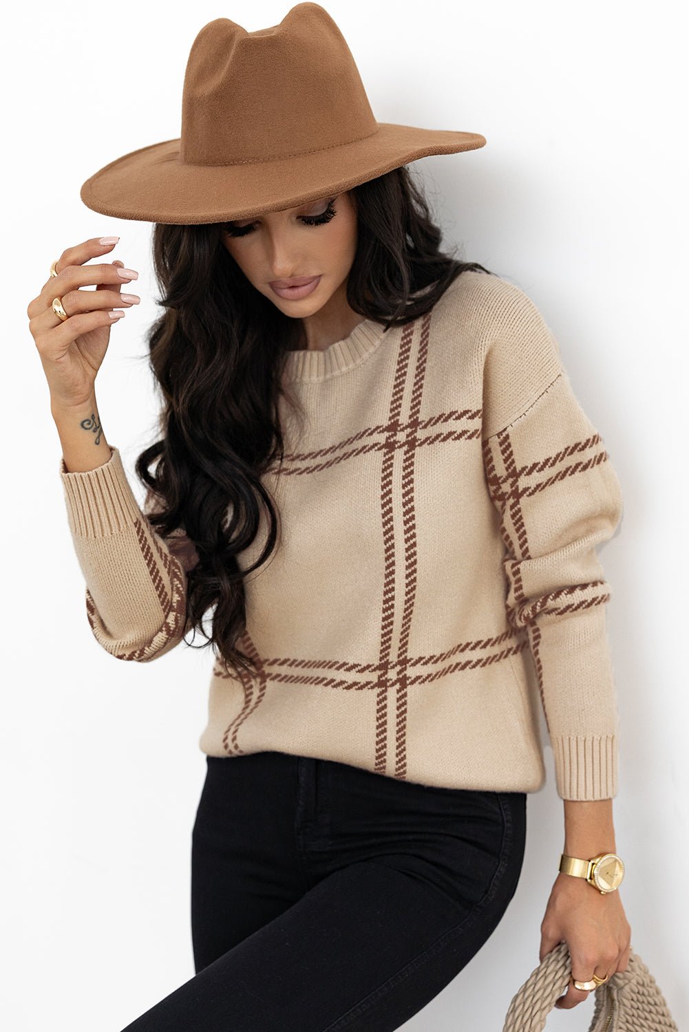 Khaki Plaid Pattern Knitted Drop Shoulder Sweater - TayDiane