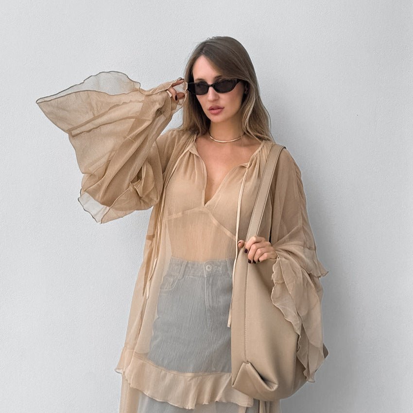 Khaki Ruffle Sleeve Sun - Protective Maxi Dress - TayDiane