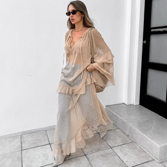 Khaki Ruffle Sleeve Sun - Protective Maxi Dress - TayDiane