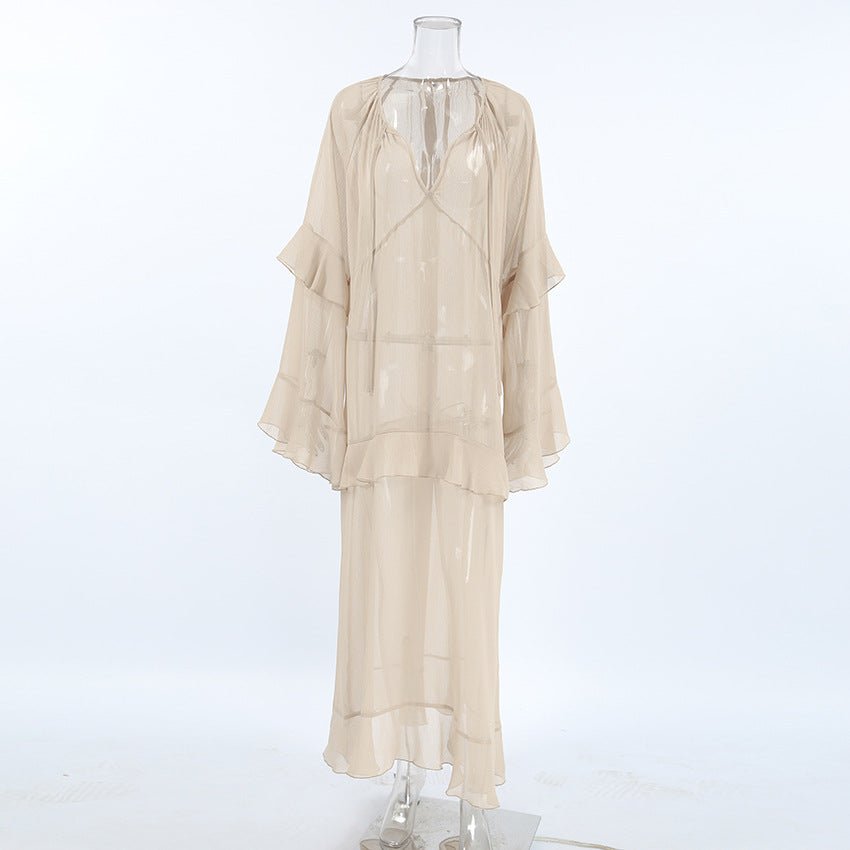 Khaki Ruffle Sleeve Sun - Protective Maxi Dress - TayDiane