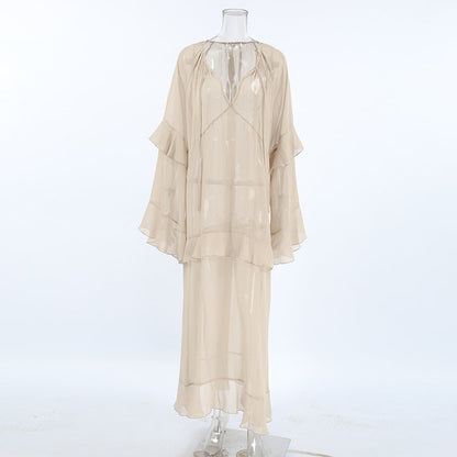 Khaki Ruffle Sleeve Sun - Protective Maxi Dress - TayDiane