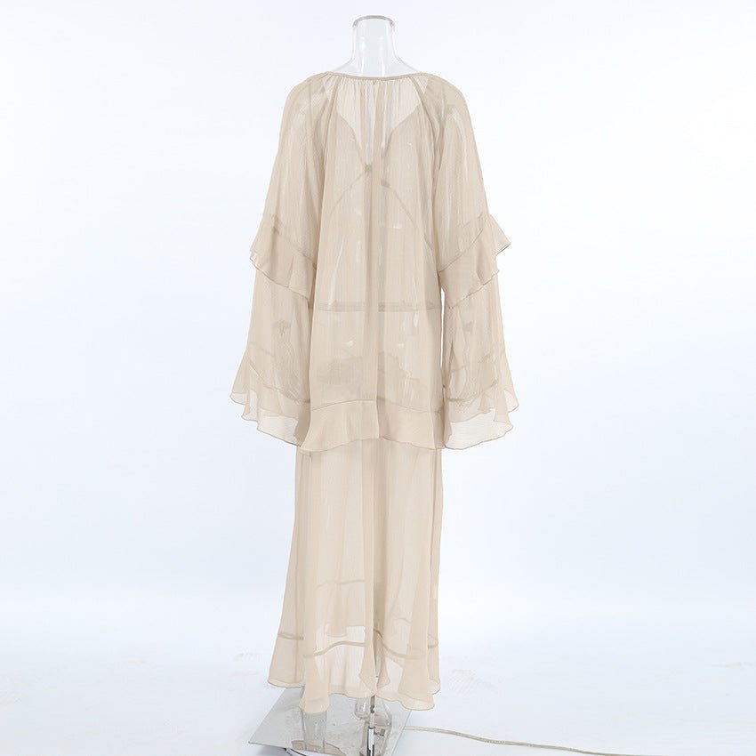 Khaki Ruffle Sleeve Sun - Protective Maxi Dress - TayDiane