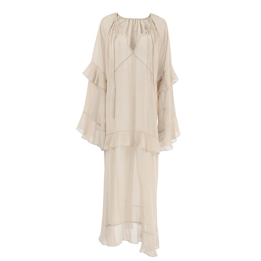 Khaki Ruffle Sleeve Sun - Protective Maxi Dress - TayDiane