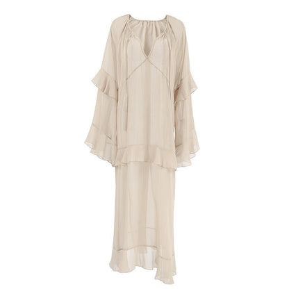Khaki Ruffle Sleeve Sun - Protective Maxi Dress - TayDiane