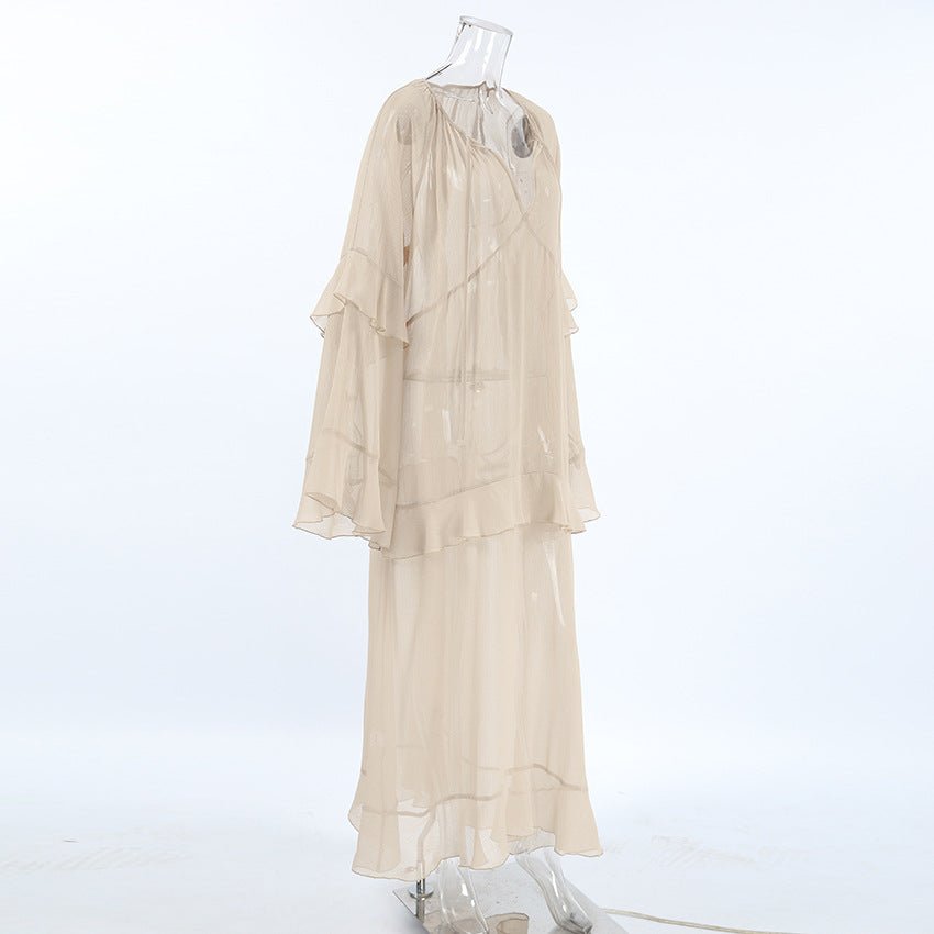 Khaki Ruffle Sleeve Sun - Protective Maxi Dress - TayDiane