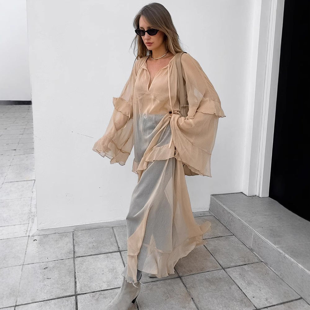 Khaki Ruffle Sleeve Sun - Protective Maxi Dress - TayDiane