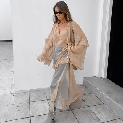 Khaki Ruffle Sleeve Sun - Protective Maxi Dress - TayDiane