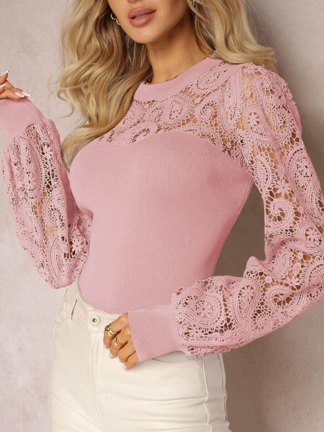 Lace Round Neck Long Sleeve Shirt - TayDiane