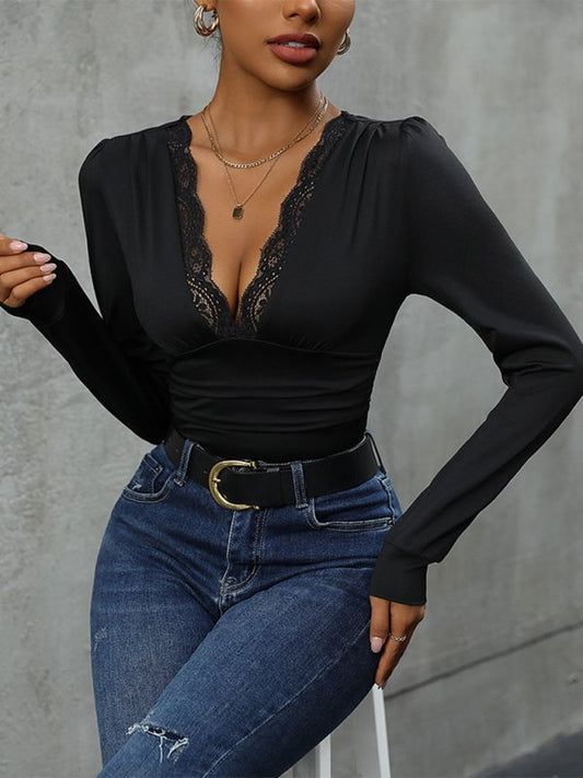 Lace Stitching Long Sleeve Bodysuit - TayDiane