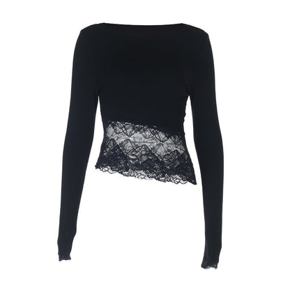 Lace - Trim Long Sleeve Crop Top - TayDiane