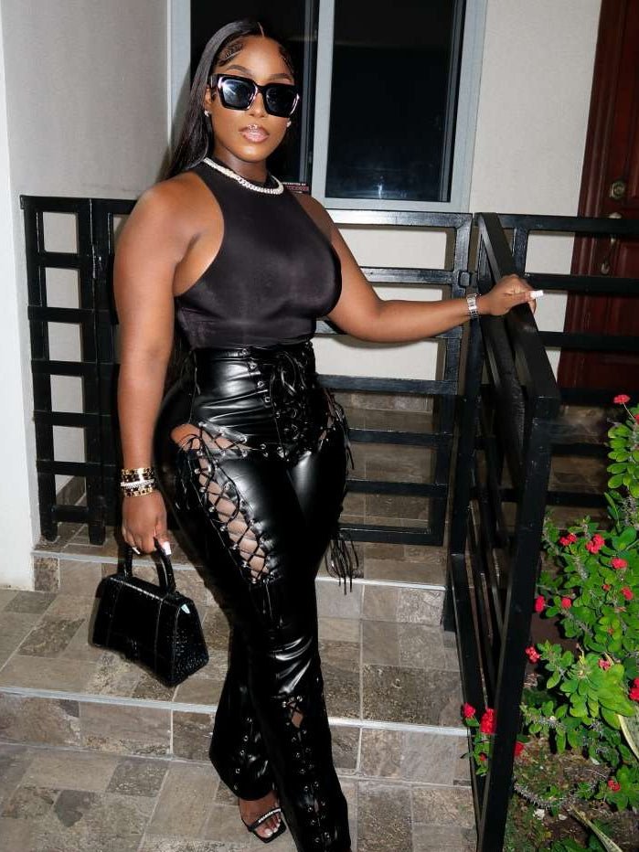 Lace - Up Eyelet Faux Leather Bodycon Pants - TayDiane