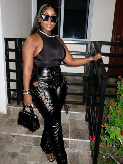 Lace - Up Eyelet Faux Leather Bodycon Pants - TayDiane