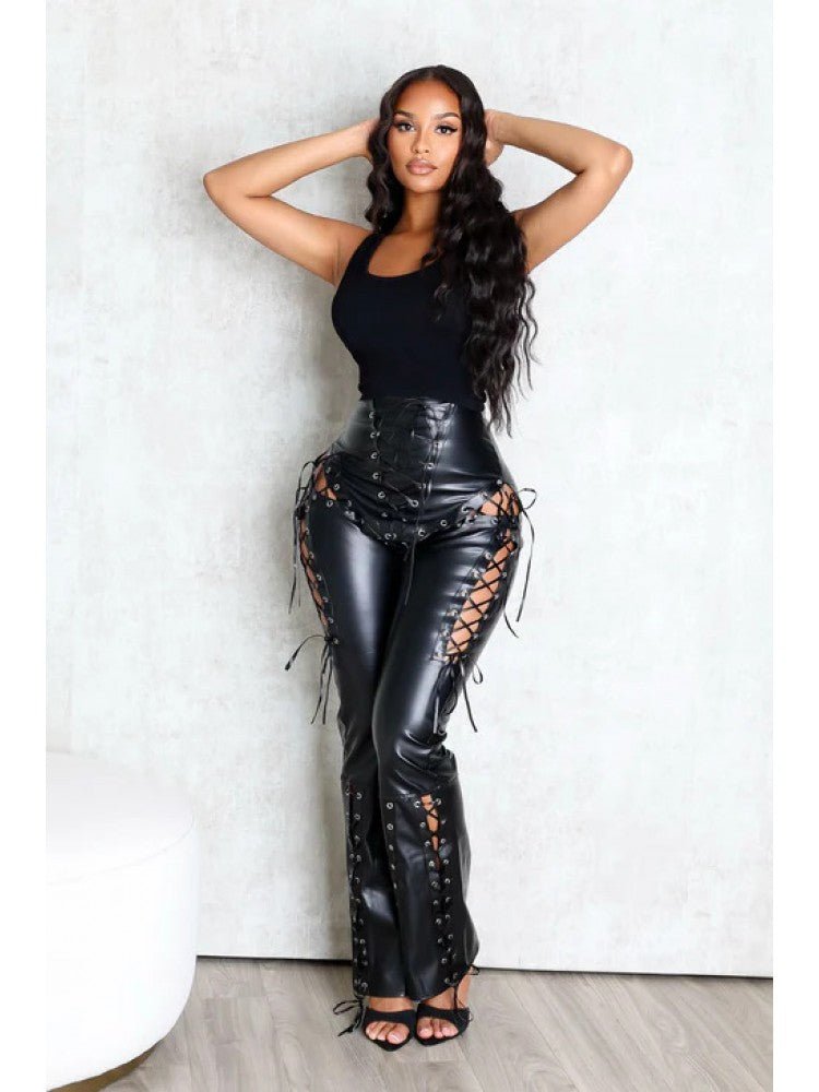Lace - Up Eyelet Faux Leather Bodycon Pants - TayDiane