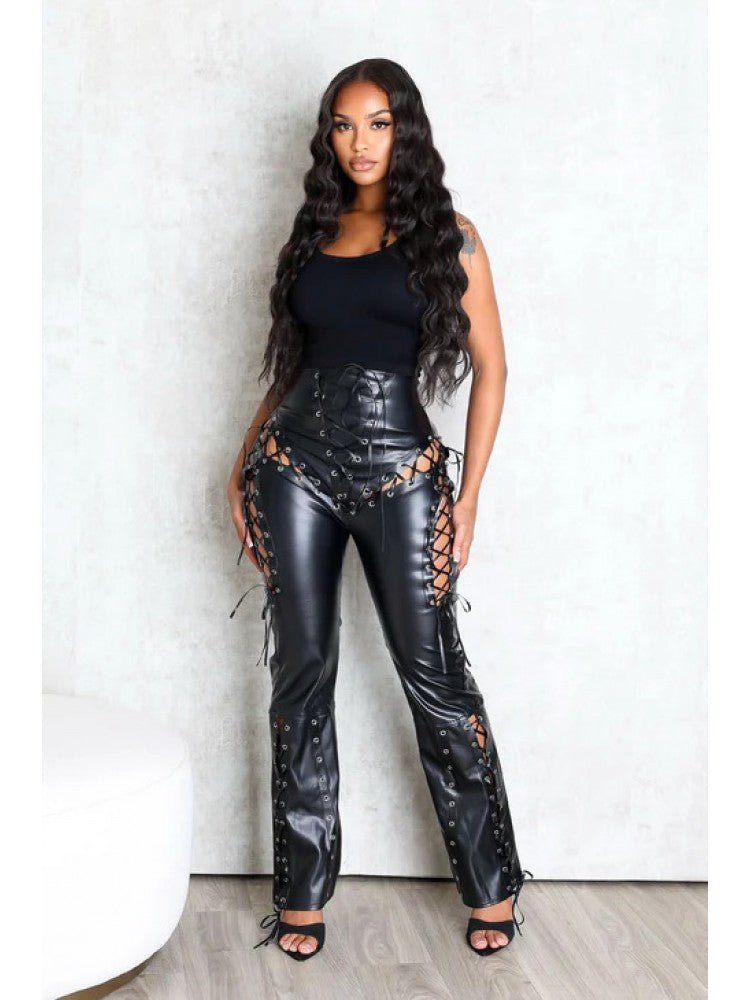 Lace - Up Eyelet Faux Leather Bodycon Pants - TayDiane