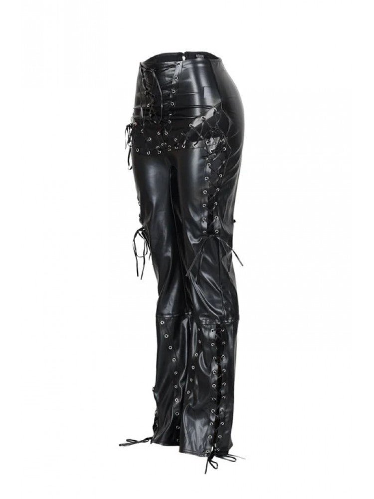 Lace - Up Eyelet Faux Leather Bodycon Pants - TayDiane