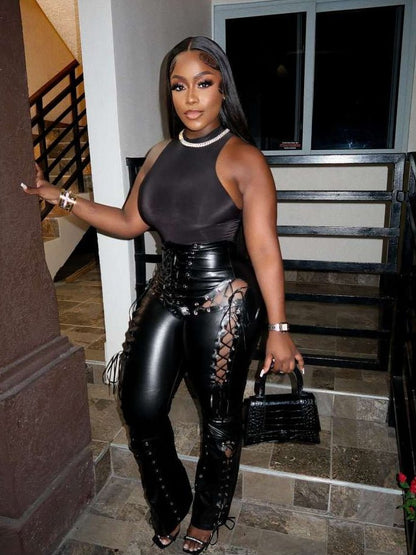 Lace - Up Eyelet Faux Leather Bodycon Pants - TayDiane