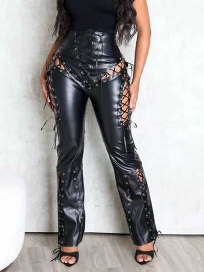 Lace - Up Eyelet Faux Leather Bodycon Pants - TayDiane