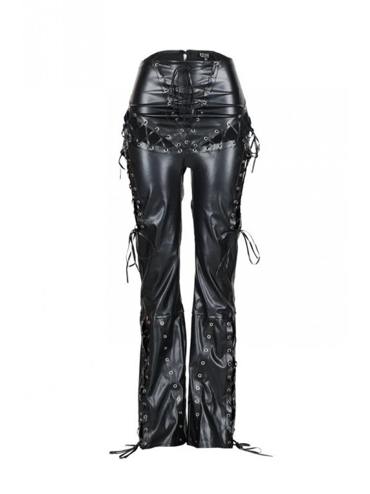 Lace - Up Eyelet Faux Leather Bodycon Pants - TayDiane