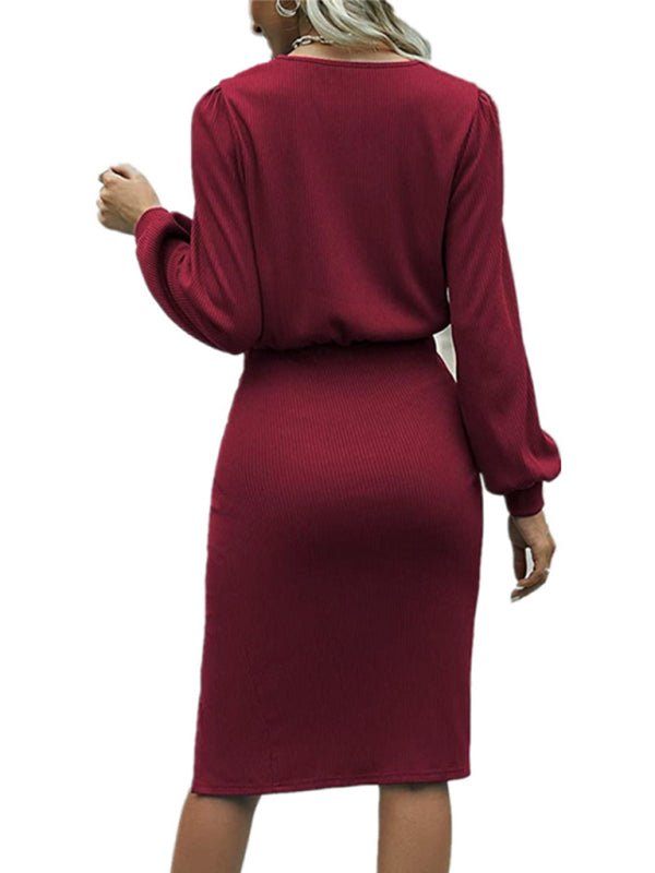 Lantern Long - Sleeve Knitted Split Dress - TayDiane