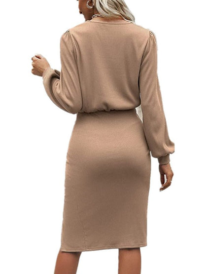 Lantern Long - Sleeve Knitted Split Dress - TayDiane