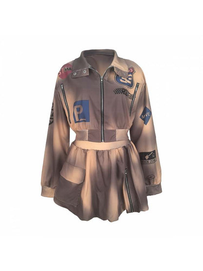 Lapel Zip Cropped Jacket & Bubble Cargo Skirt Set - TayDiane