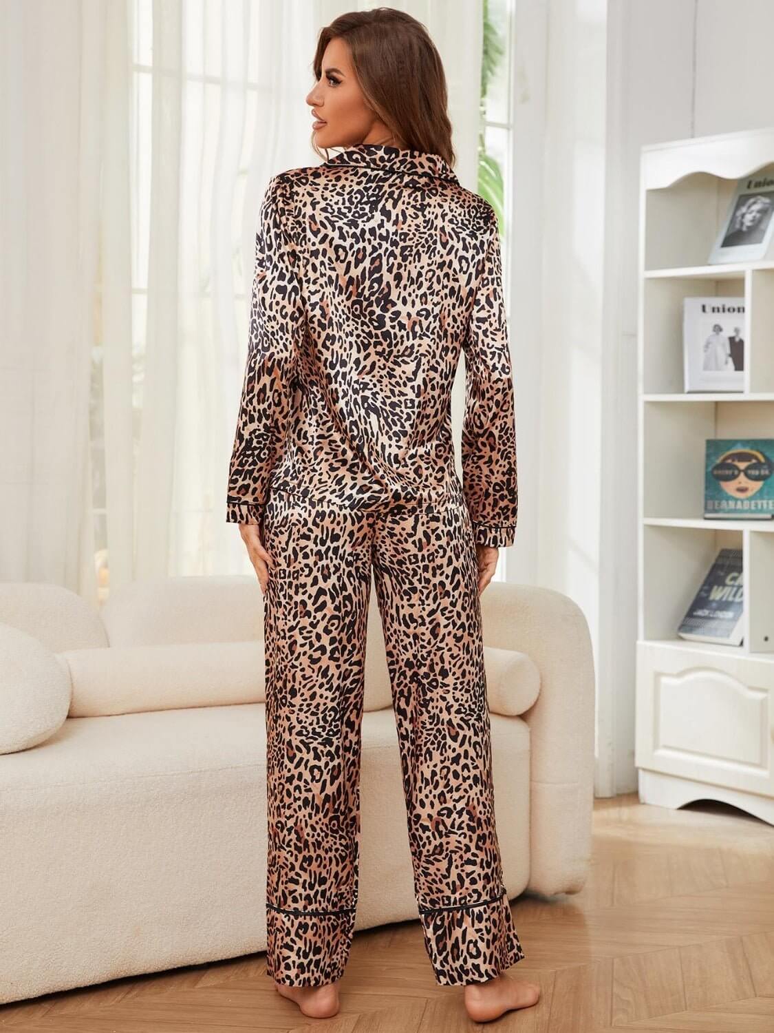 Leopard Button Up Top and Pants Lounge Set - TayDiane