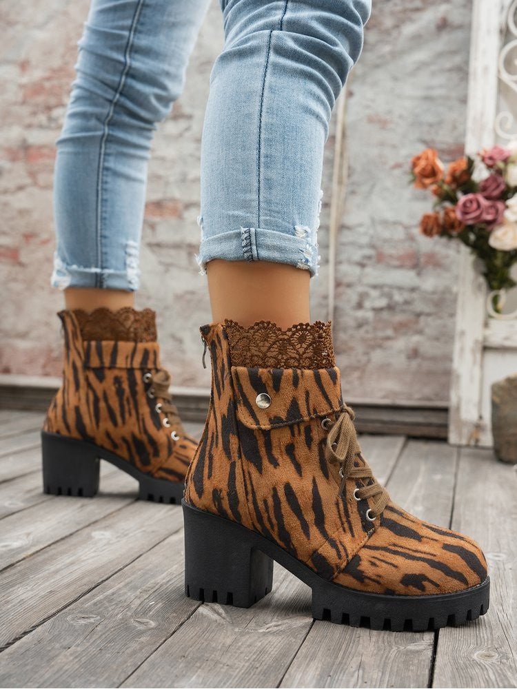 Leopard Lace - Trim Lace - Up Chunky Heel Boots - TayDiane