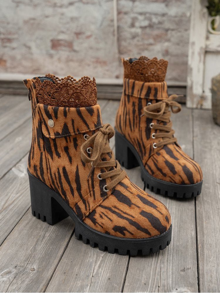 Leopard Lace - Trim Lace - Up Chunky Heel Boots - TayDiane