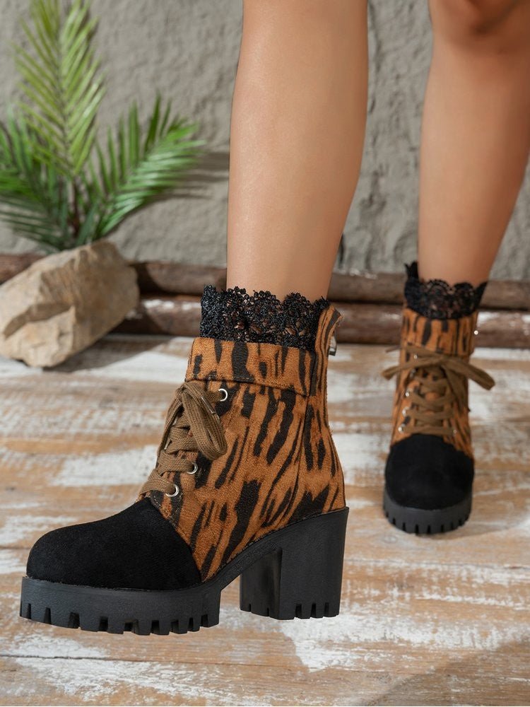 Leopard Lace - Trim Lace - Up Chunky Heel Boots - TayDiane
