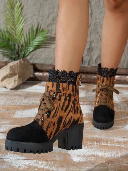 Leopard Lace - Trim Lace - Up Chunky Heel Boots - TayDiane