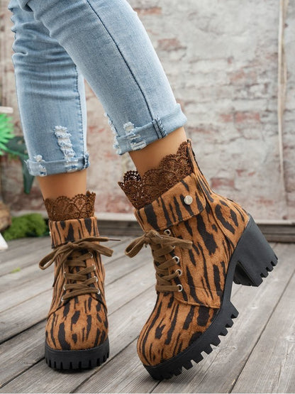 Leopard Lace - Trim Lace - Up Chunky Heel Boots - TayDiane