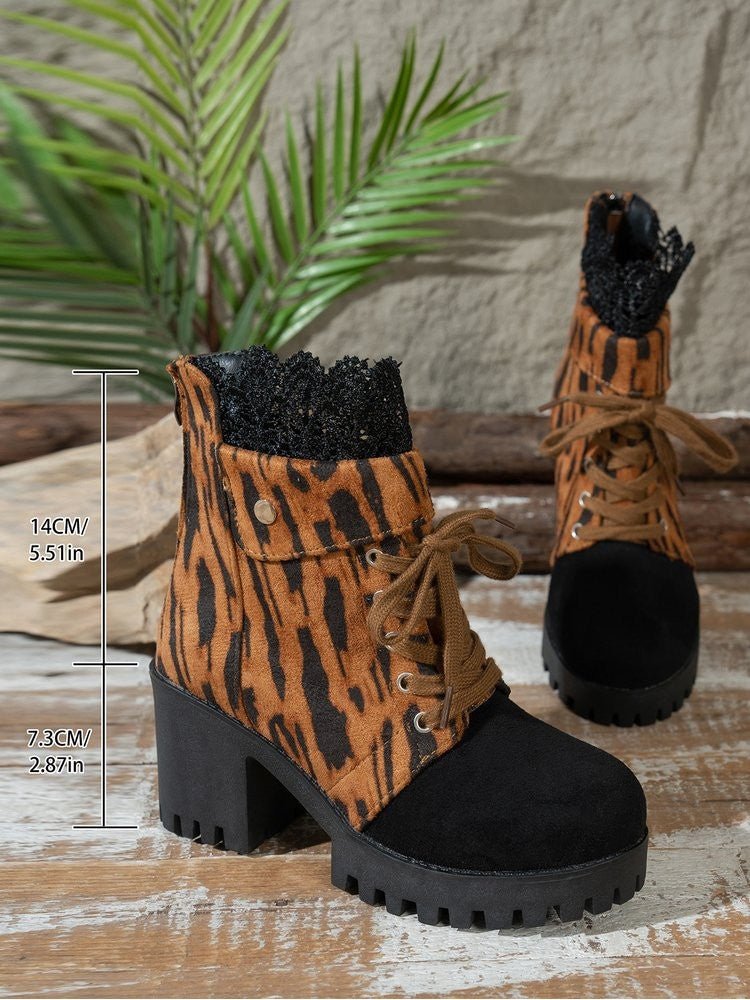 Leopard Lace - Trim Lace - Up Chunky Heel Boots - TayDiane