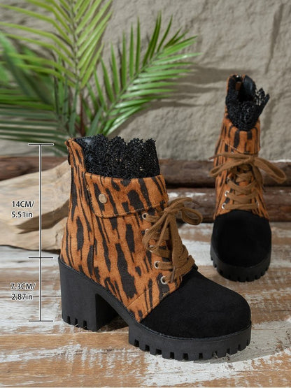 Leopard Lace - Trim Lace - Up Chunky Heel Boots - TayDiane