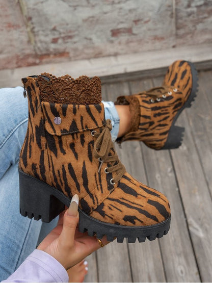 Leopard Lace - Trim Lace - Up Chunky Heel Boots - TayDiane