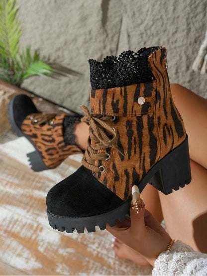 Leopard Lace - Trim Lace - Up Chunky Heel Boots - TayDiane