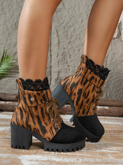 Leopard Lace - Trim Lace - Up Chunky Heel Boots - TayDiane