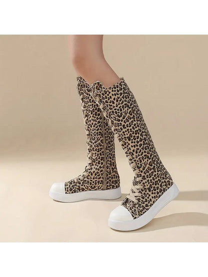 Leopard Lace - Up Canvas Knee - High Sneaker Boots - TayDiane