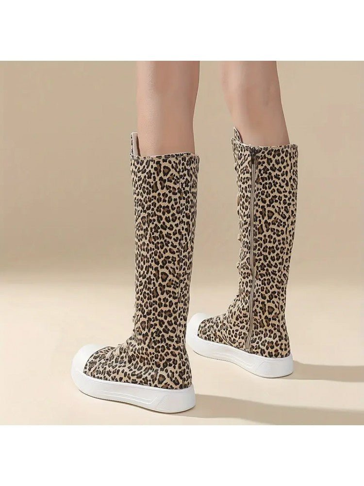Leopard Lace - Up Canvas Knee - High Sneaker Boots - TayDiane