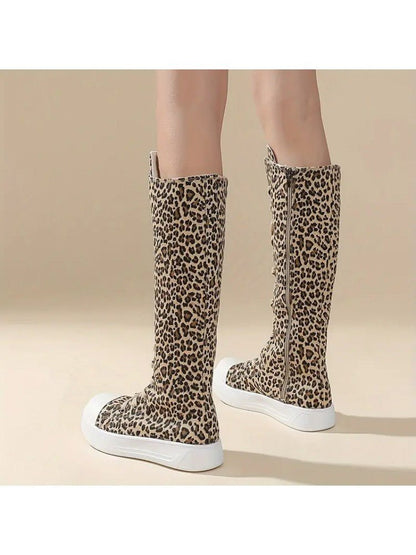 Leopard Lace - Up Canvas Knee - High Sneaker Boots - TayDiane