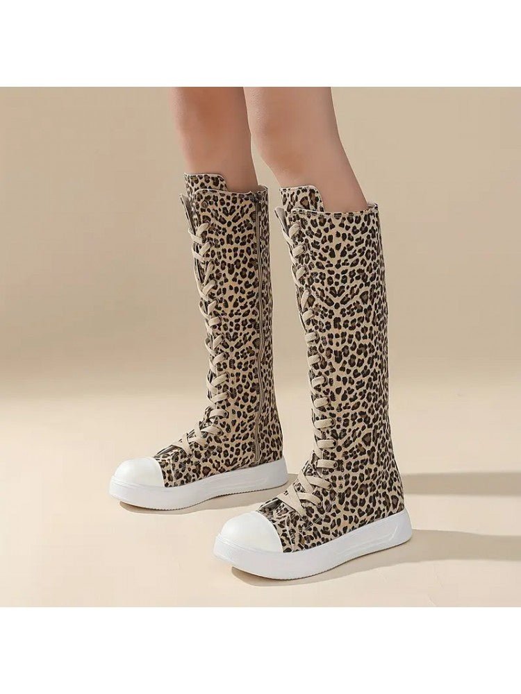 Leopard Lace - Up Canvas Knee - High Sneaker Boots - TayDiane