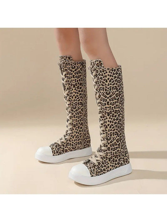 Leopard Lace - Up Canvas Knee - High Sneaker Boots - TayDiane
