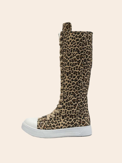Leopard Lace - Up Canvas Knee - High Sneaker Boots - TayDiane