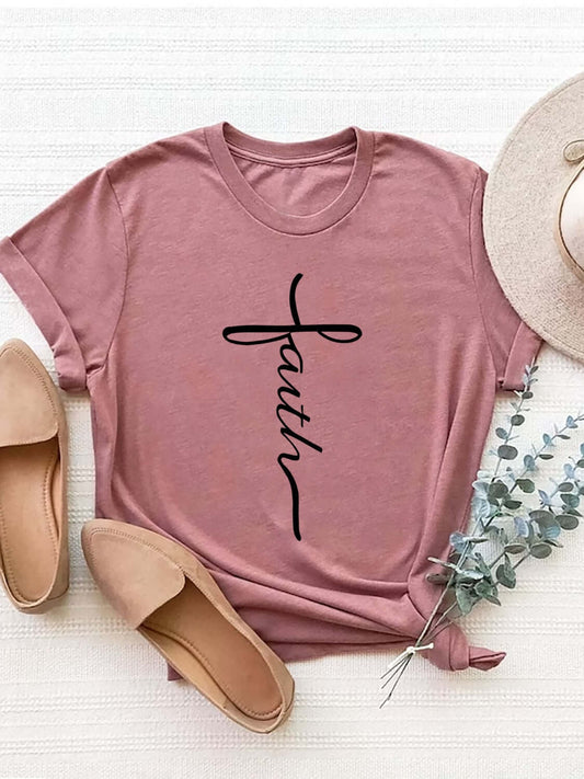 Letter Graphic Round Neck Short Sleeve T - Shirt - TayDiane