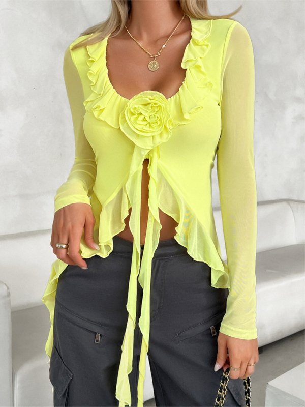 Long Sleeve Ruffled Top with Rose Detail - TayDiane