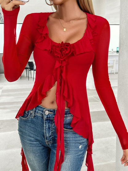 Long Sleeve Ruffled Top with Rose Detail - TayDiane