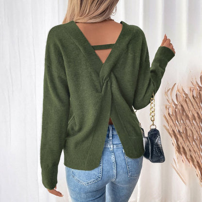 Loose Knit V - Neck Open Back Slit Sweater - TayDiane