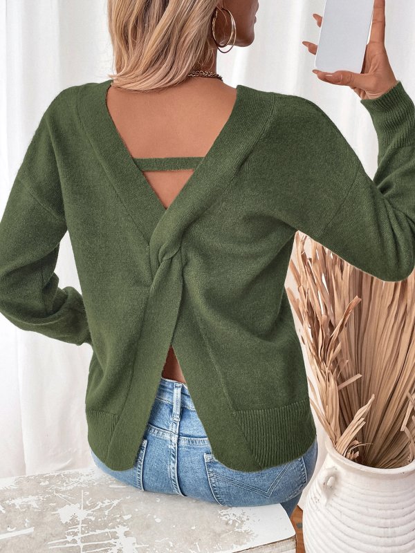 Loose Knit V - Neck Open Back Slit Sweater - TayDiane